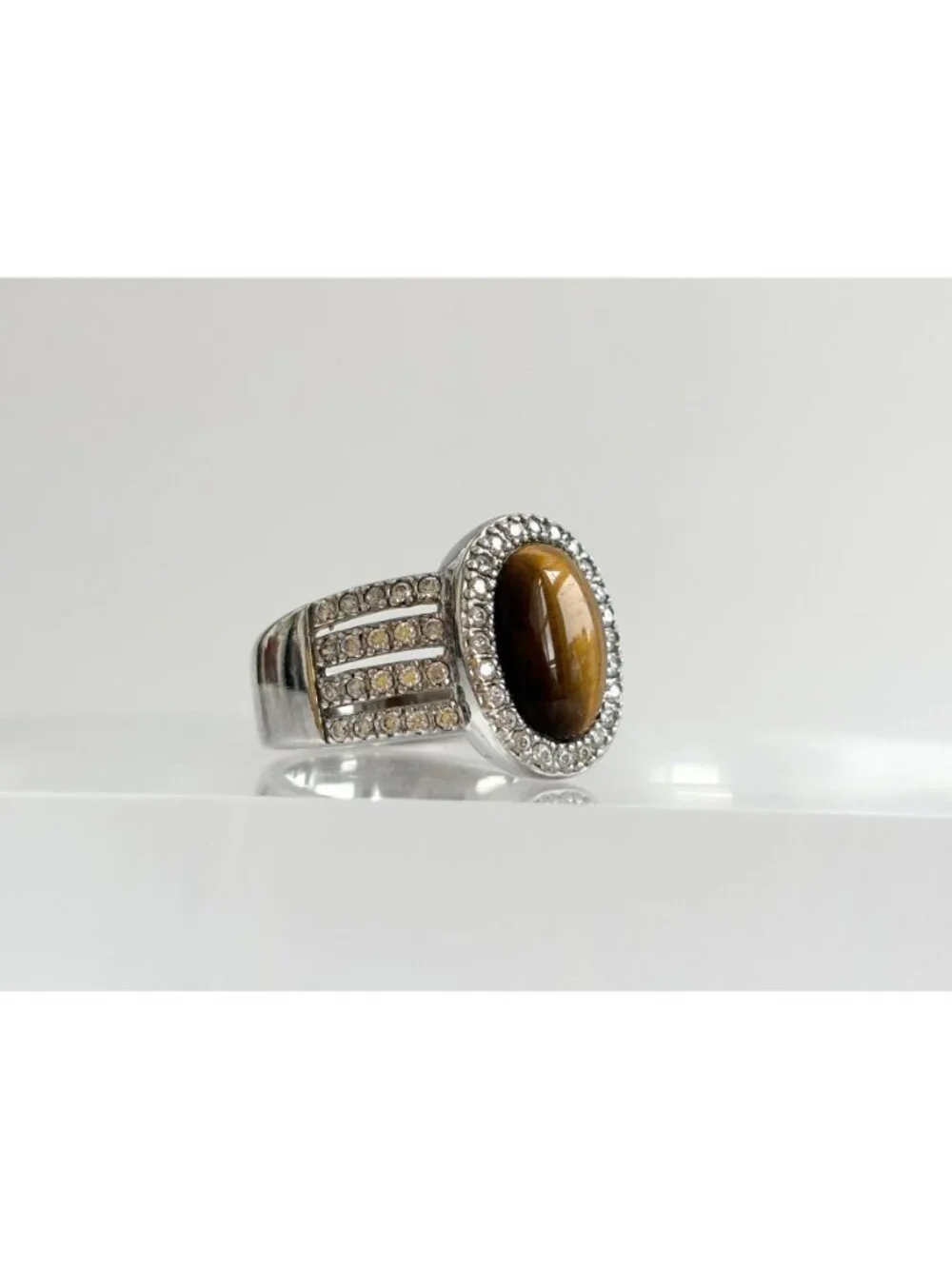 Genuine Tiger's Eye Gemstone Open Shank Sterling Silver 925 Vintage Ring - sz 8